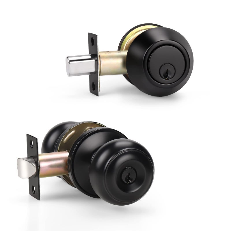 KNOBWELL 1 Pack Keyed Alike Door Knob and Double Cylinder Deadbolt Set, Exterior Door Lock Set with Deadbolt, Double Keyed Deadbolt, Black Front Door Knob and Deadbolt - Image 1